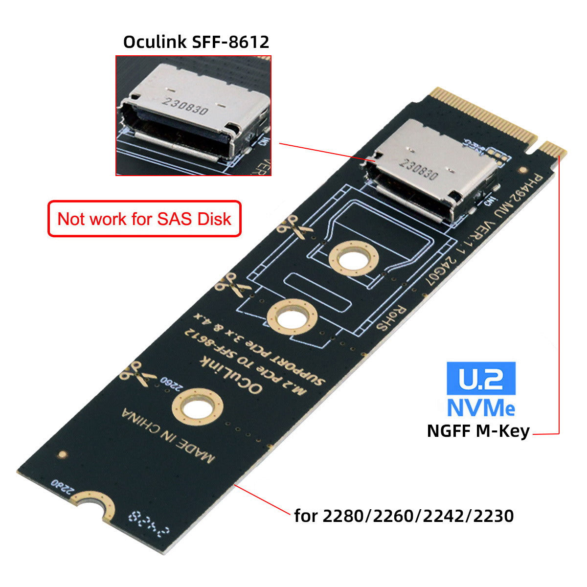 2280 PCI-E4.0 M.2 M-key to Oculink SFF-8612 SFF-8611 Vertical Host Adapter for NVME U.2 SSD eGPU
