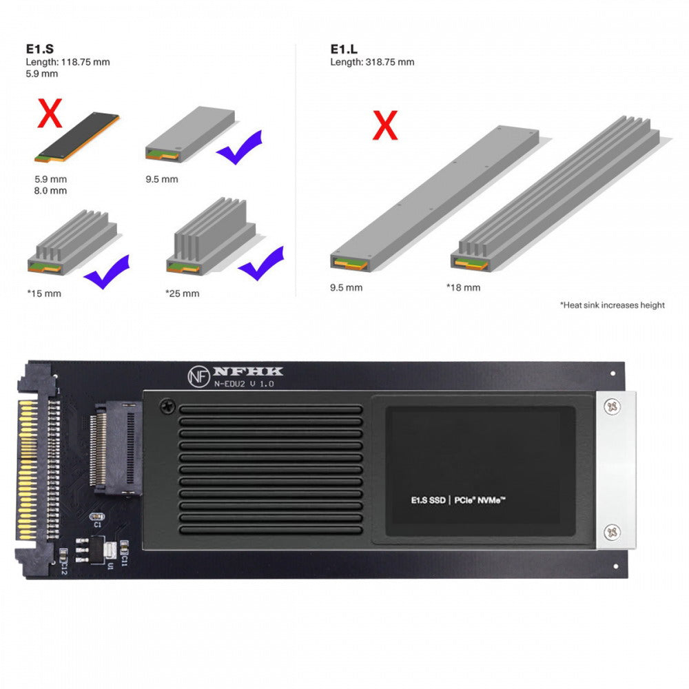 U.2 SFF-8639 Host to PCI-E Ruler 1U GEN-Z EDSFF 9.5mm 15mm 25mm Short SSD E1.S with Heat Sink PM9A3 PM9D3 P5801X Carrier Adapter