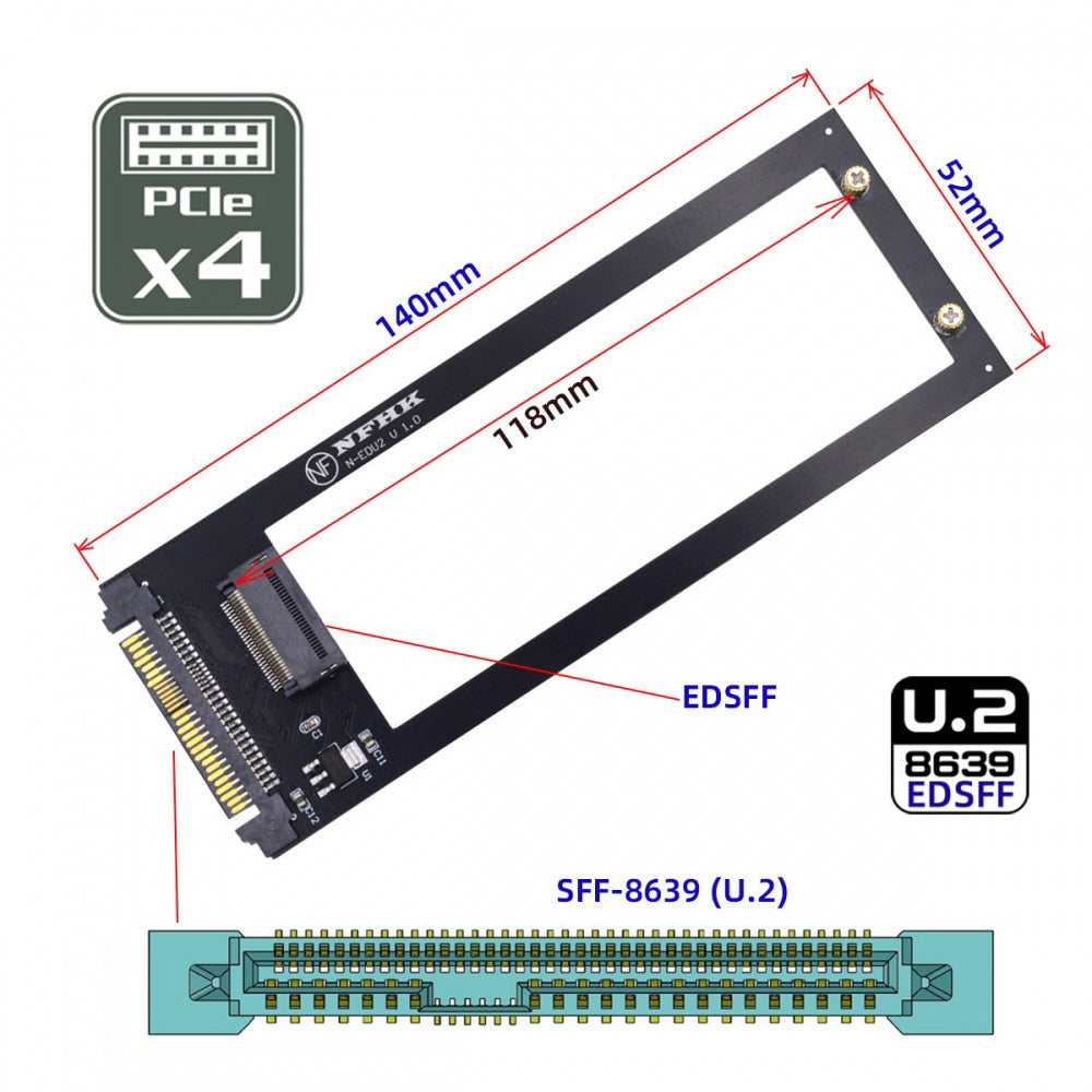 U.2 SFF-8639 Host to PCI-E Ruler 1U GEN-Z EDSFF 9.5mm 15mm 25mm Short SSD E1.S with Heat Sink PM9A3 PM9D3 P5801X Carrier Adapter