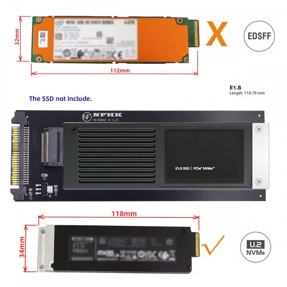 U.2 SFF-8639 Host to PCI-E Ruler 1U GEN-Z EDSFF 9.5mm 15mm 25mm Short SSD E1.S with Heat Sink PM9A3 PM9D3 P5801X Carrier Adapter