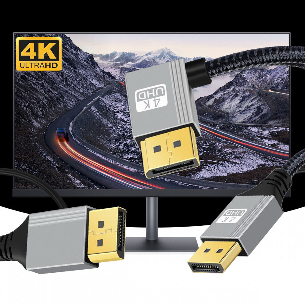 Right Angled DisplayPort DP to DP Cable 4K 60hz Cable Silver Sleeve Ultra-HD UHD 90 Degree for Desktop Laptop Monitor Graphics Card