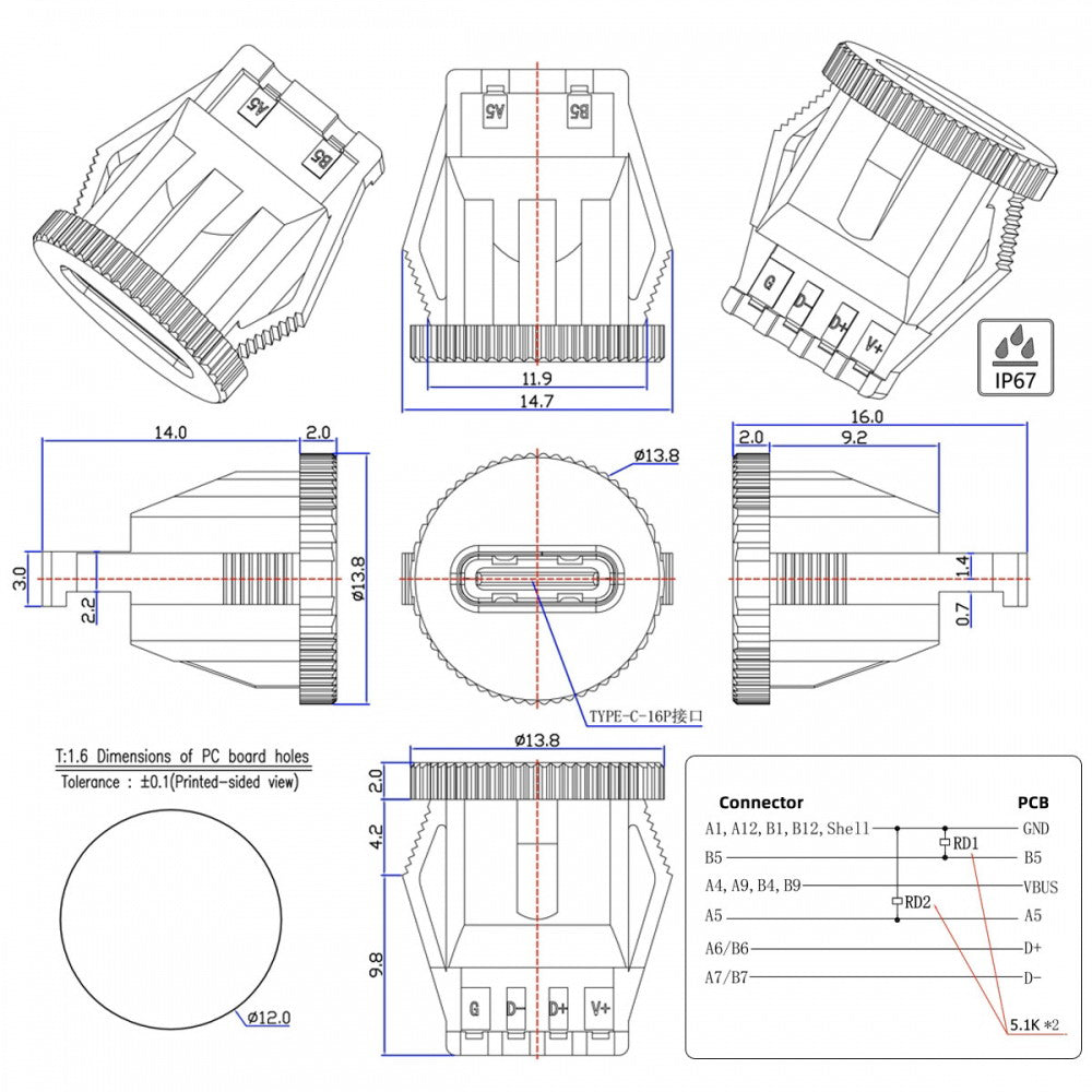 5pcs/set DIY OEM Type C Female Socket Connector to 6Pin PCBA Pinout Round Latch Mount Type DC 5V/20V PD Power IP67