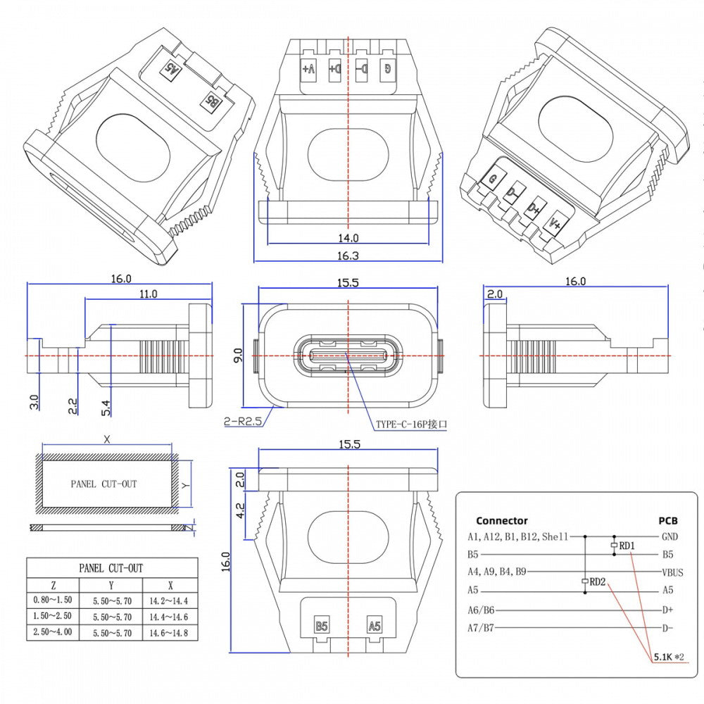 5pcs/set DIY OEM Type C Female Socket Connector to 6Pin PCBA Pinout Rectangle Latch Mount Type DC 5V/20V PD Power IP67