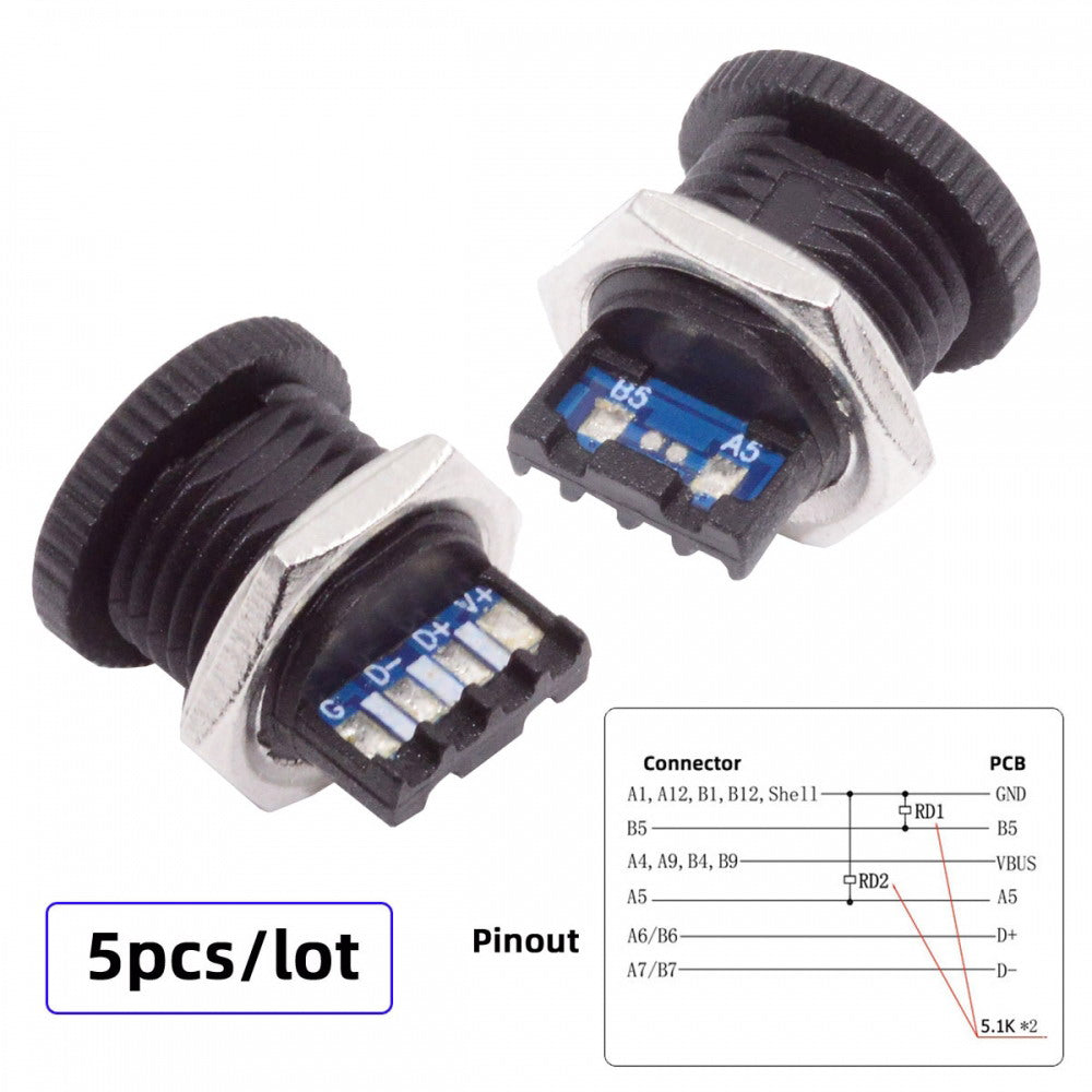5pcs/set DIY OEM Type C Female Socket Connector to 6Pin PCBA Pinout Scew Nut Mount Type DC 5V/20V PD Power