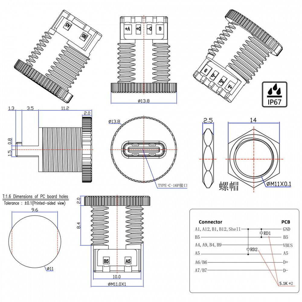 5pcs/set DIY OEM Type C Female Socket Connector to 6Pin PCBA Pinout Scew Nut Mount Type DC 5V/20V PD Power