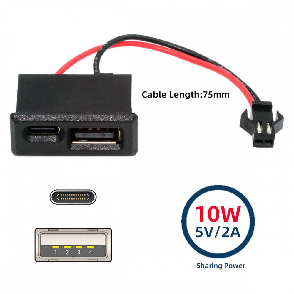 DIY OEM Type-A & Type-C Female Socket Horizontal to 2Pin Header Cable Pitch=2.54mm Latch Mount Type DC 5V Power