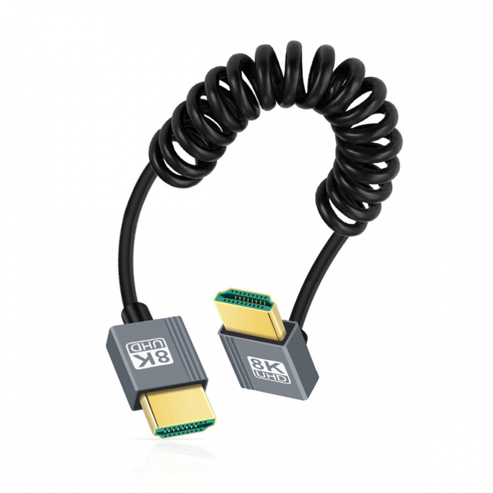 HDMI 2.1 Male to HDMI Male 8K 60hz Stretch Coiled Cable Down Angled 90 Degree for HDTV Computer Laptop Monitor