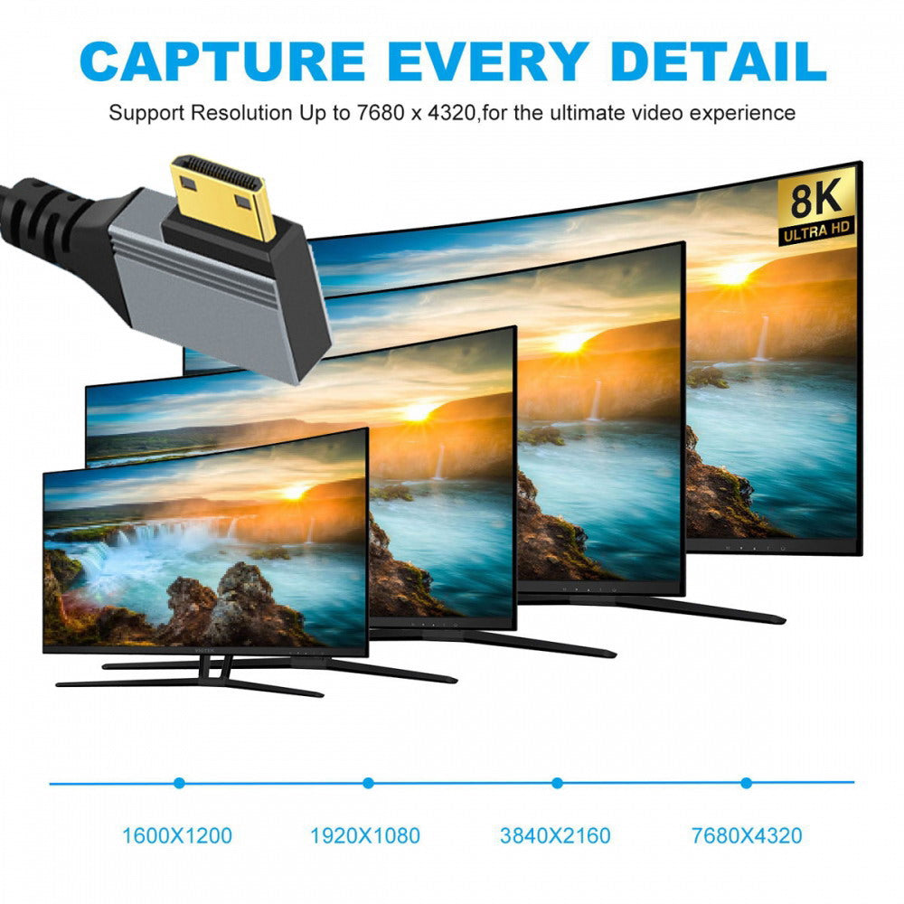 90 Degree Left Angled Mini HDMI 2.1 Male to HDMI Male 8K 60hz Stretch Coiled Cable 100cm for HDTV Computer Laptop Monitor