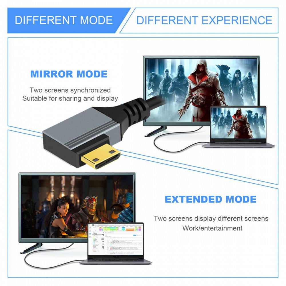 90 Degree Left Angled Mini HDMI 2.1 Male to HDMI Male 8K 60hz Stretch Coiled Cable 100cm for HDTV Computer Laptop Monitor