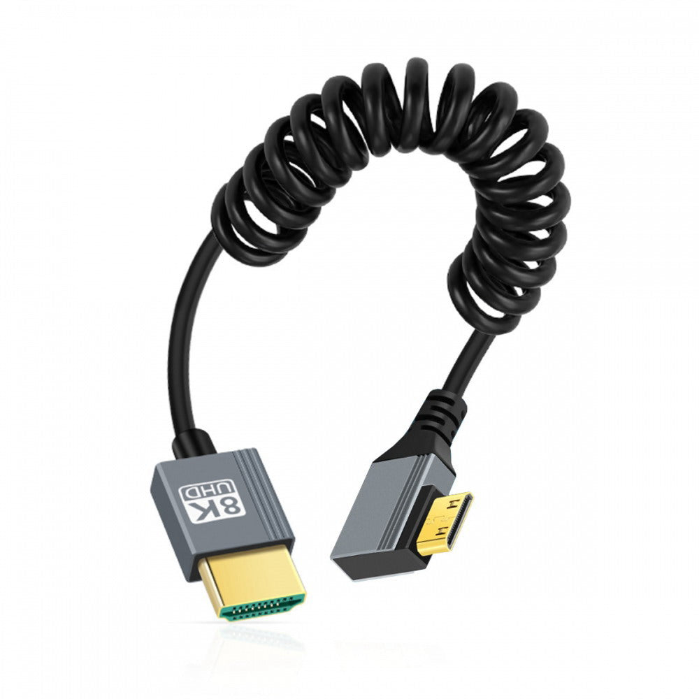 90 Degree Right Angled Mini HDMI 2.1 Male to HDMI Male 8K 60hz Stretch Coiled Cable 100cm for HDTV Computer Laptop Monitor