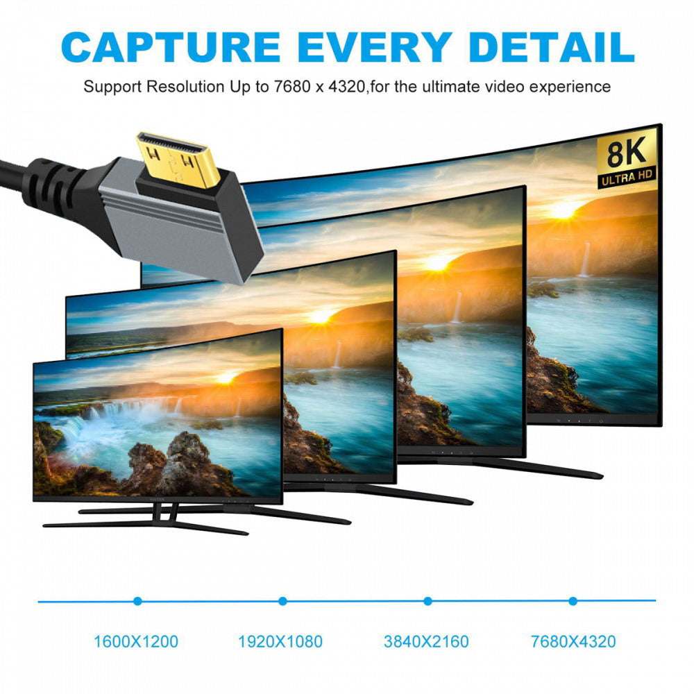 90 Degree Right Angled Mini HDMI 2.1 Male to HDMI Male 8K 60hz Stretch Coiled Cable 100cm for HDTV Computer Laptop Monitor