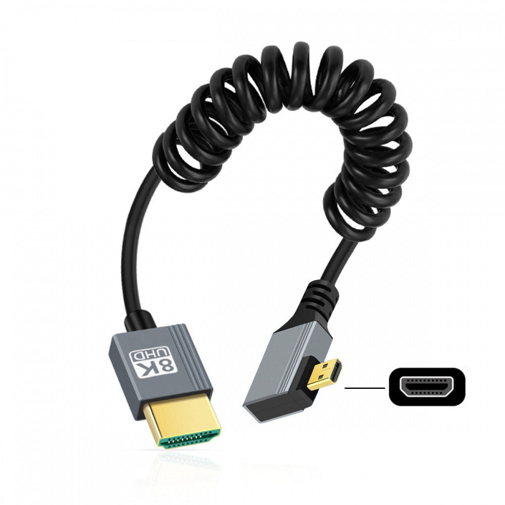 90 Degree Left Angled Micro HDMI 2.1 Male Type-D to HDMI Male 8K 60hz Stretch Coiled Cable 100cm for HDTV Camera Laptop Monitor