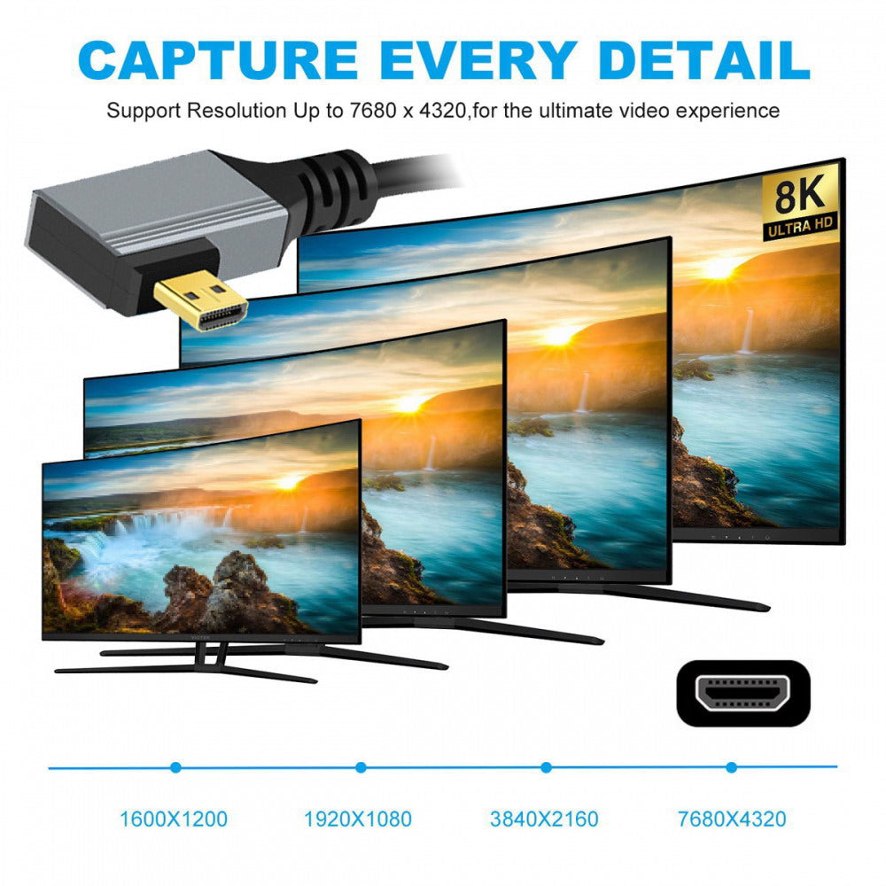 90 Degree Left Angled Micro HDMI 2.1 Male Type-D to HDMI Male 8K 60hz Stretch Coiled Cable 100cm for HDTV Camera Laptop Monitor