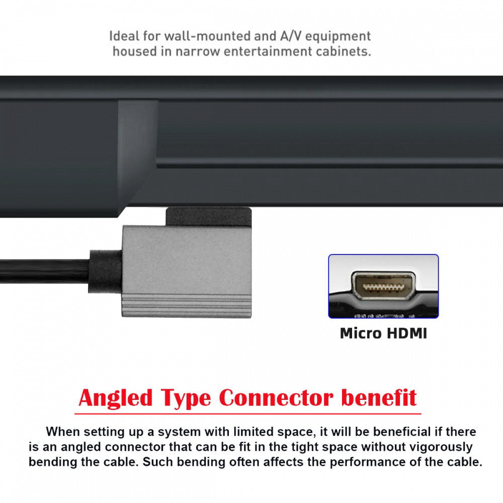 90 Degree Left Angled Micro HDMI 2.1 Male Type-D to HDMI Male 8K 60hz Stretch Coiled Cable 100cm for HDTV Camera Laptop Monitor
