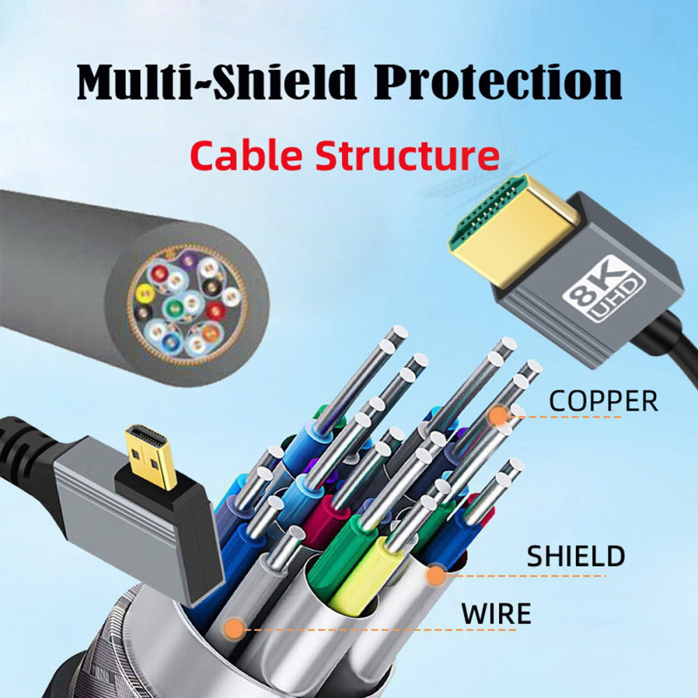 90 Degree Left Angled Micro HDMI 2.1 Male Type-D to HDMI Male 8K 60hz Stretch Coiled Cable 100cm for HDTV Camera Laptop Monitor