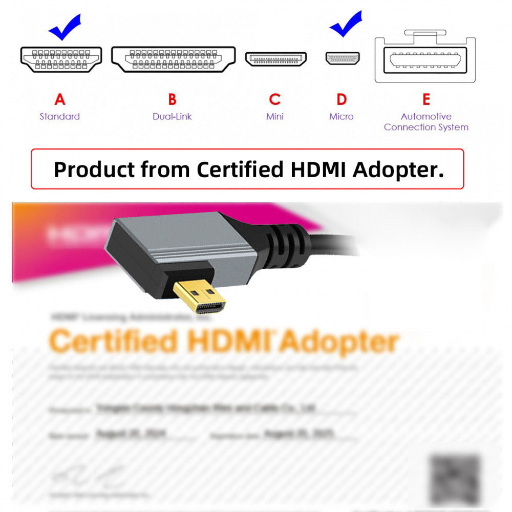 90 Degree Left Angled Micro HDMI 2.1 Male Type-D to HDMI Male 8K 60hz Stretch Coiled Cable 100cm for HDTV Camera Laptop Monitor
