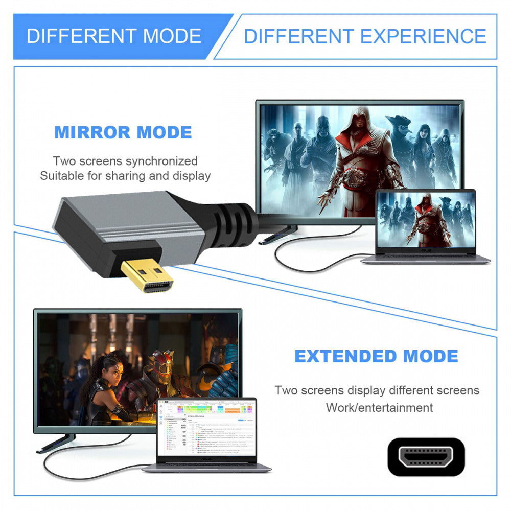 90 Degree Left Angled Micro HDMI 2.1 Male Type-D to HDMI Male 8K 60hz Stretch Coiled Cable 100cm for HDTV Camera Laptop Monitor