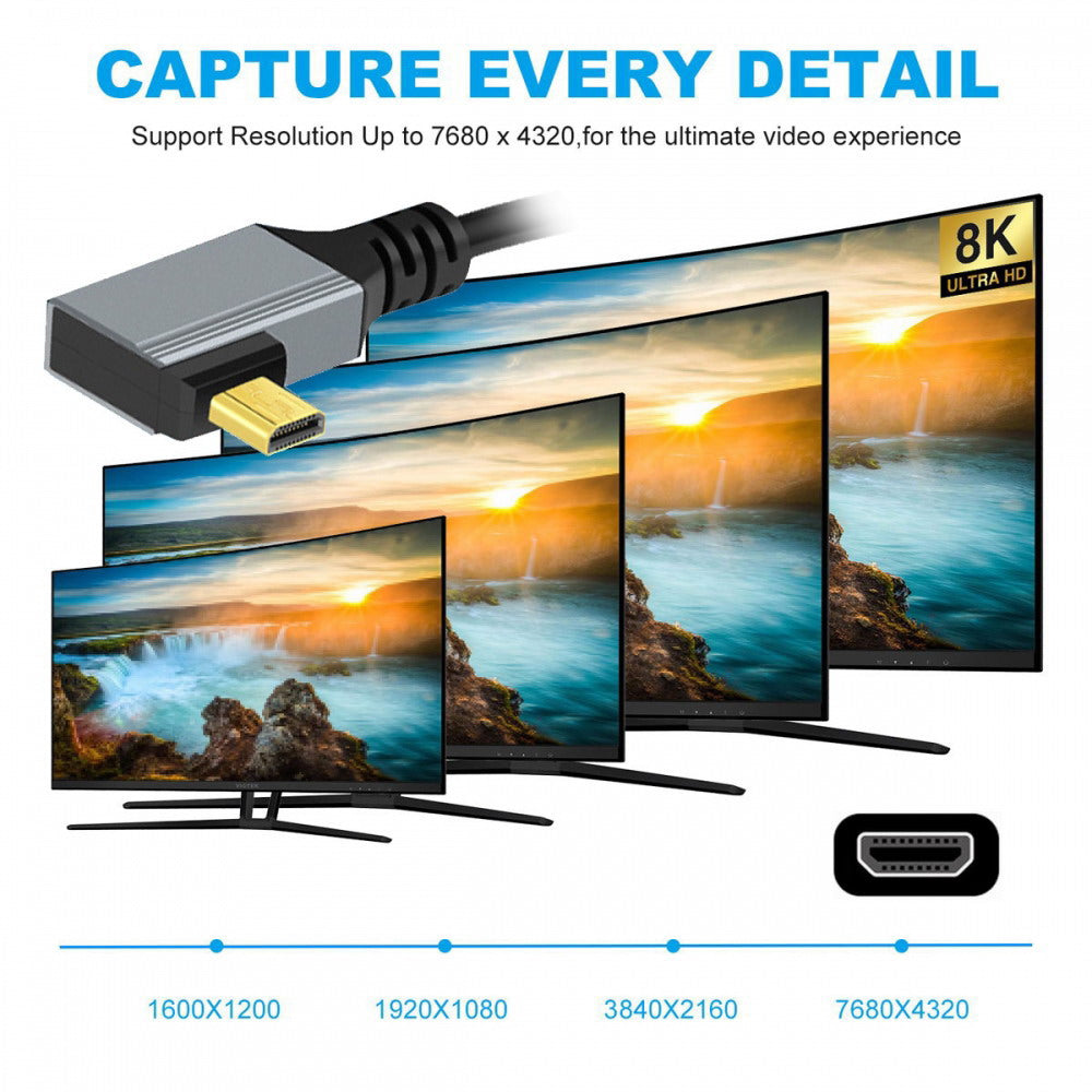 90 Degree Right Angled Micro HDMI 2.1 Male Type-D to HDMI Male 8K 60hz Stretch Coiled Cable 100cm for HDTV Camera Laptop Monitor