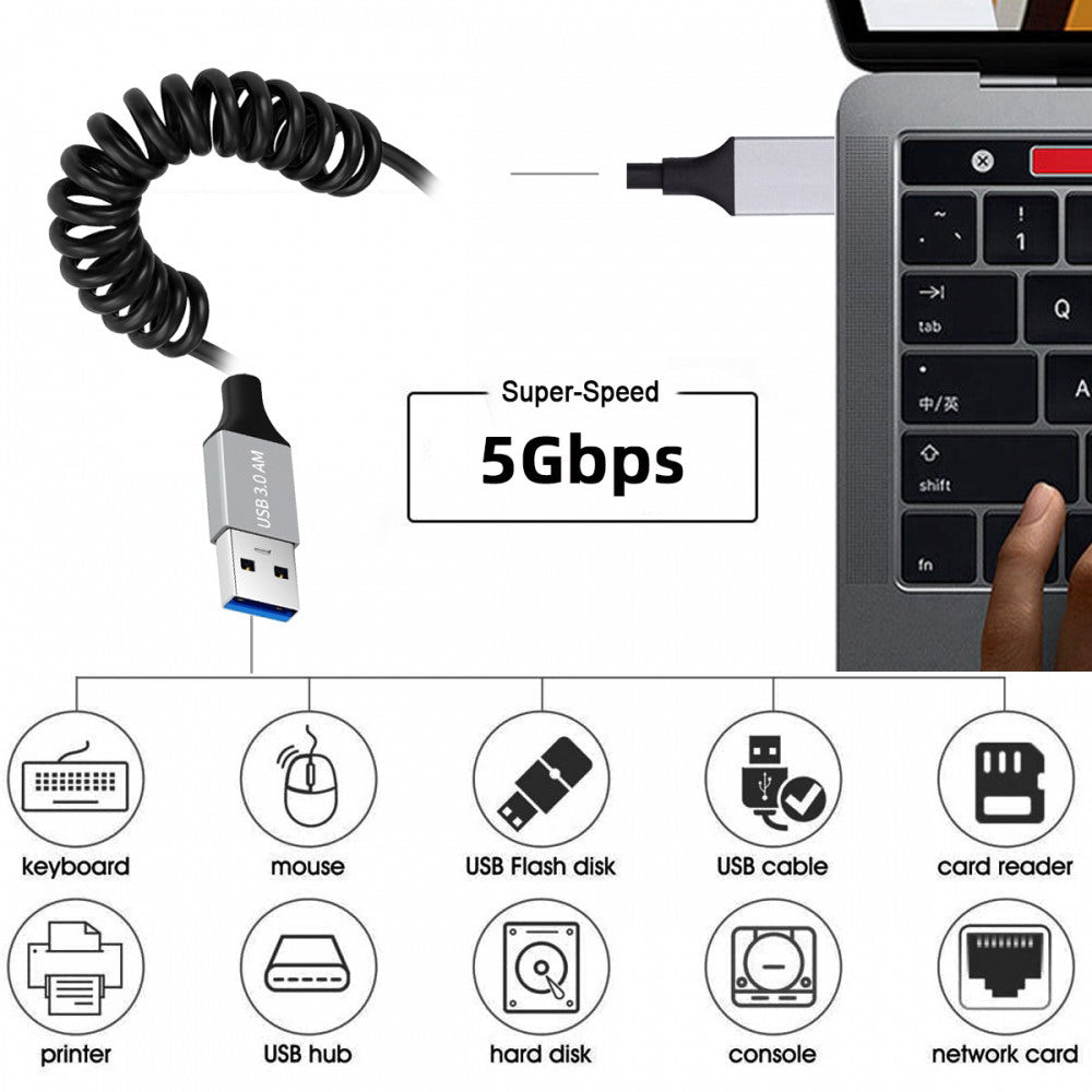 USB 3.0 Type-A Male to USB3.0 A Male Stretch Coiled Cable 100cm Extension 5Gbps for Disk SSD Camera Data