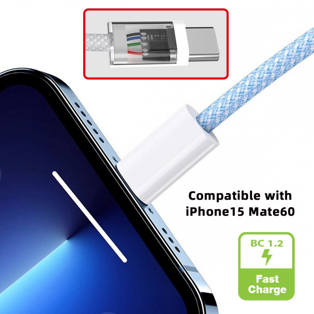 USB-C Type C Male to Type-A Male 15W 5V3A Power 480Mbps Data Cable Blue Sleeve for Phone & Tablet