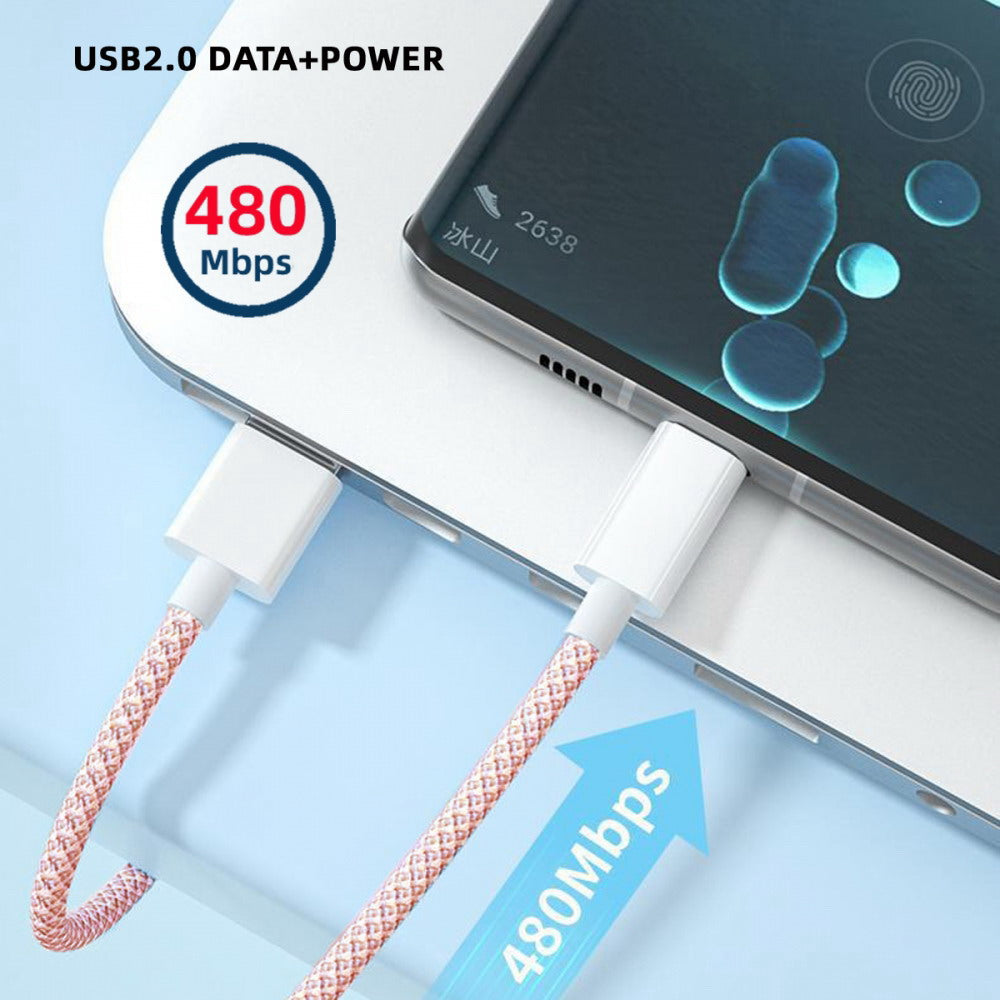 USB-C Type C Male to Type-A Male 15W 5V3A Power 480Mbps Data Cable Pink Sleeve for Phone & Tablet