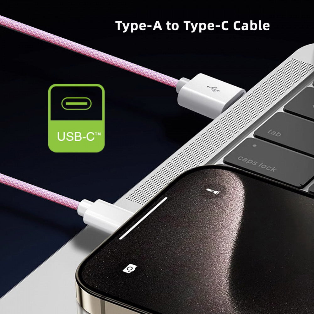 USB-C Type C Male to Type-A Male 15W 5V3A Power 480Mbps Data Cable Pink Sleeve for Phone & Tablet