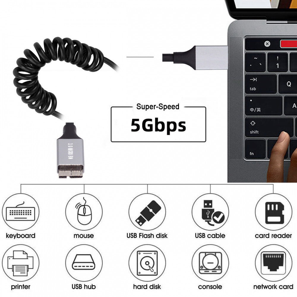 USB 3.0 Type-A Male to Micro-USB3.0 Male Stretch Coiled Cable 100cm Extension 5Gbps for Disk Phone Camera Data