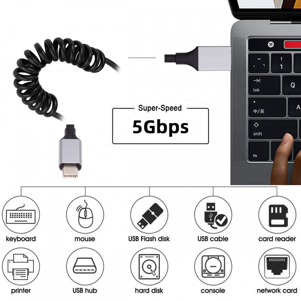 USB 3.0 Type-A Male to USB-C Type-C Male Stretch Coiled Cable 100cm Extension 5Gbps for Disk Phone Camera Data