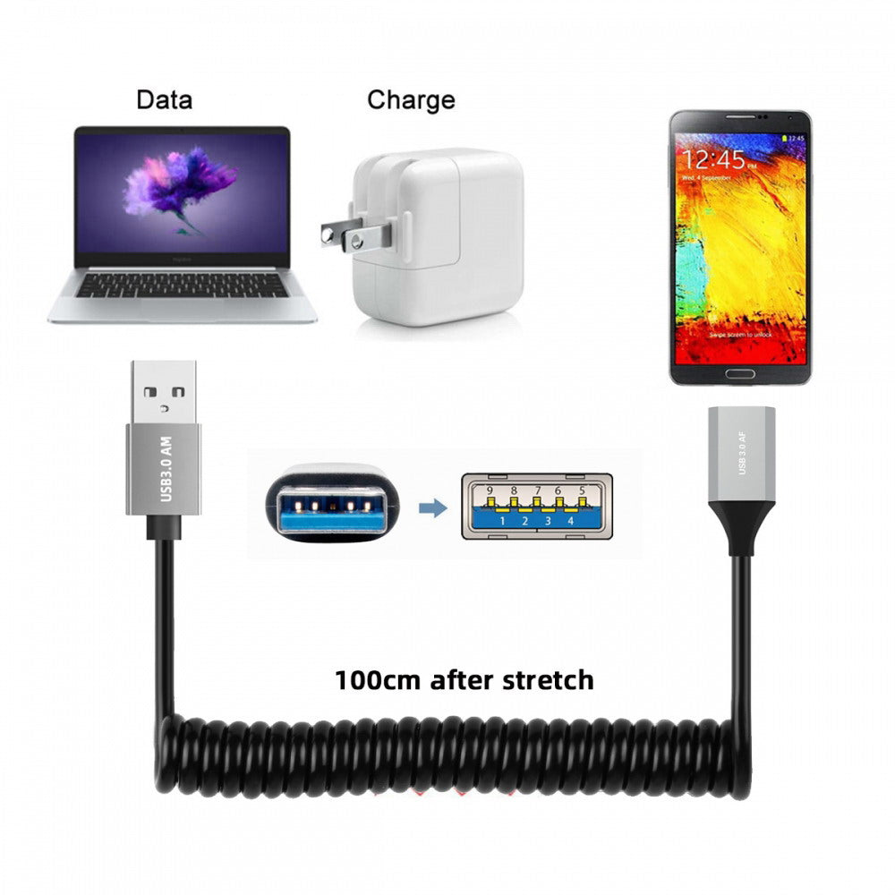 USB 3.0 Type-A Male to USB3.0 A Female Stretch Coiled Cable 100cm Extension 5Gbps for Disk SSD Camera Data