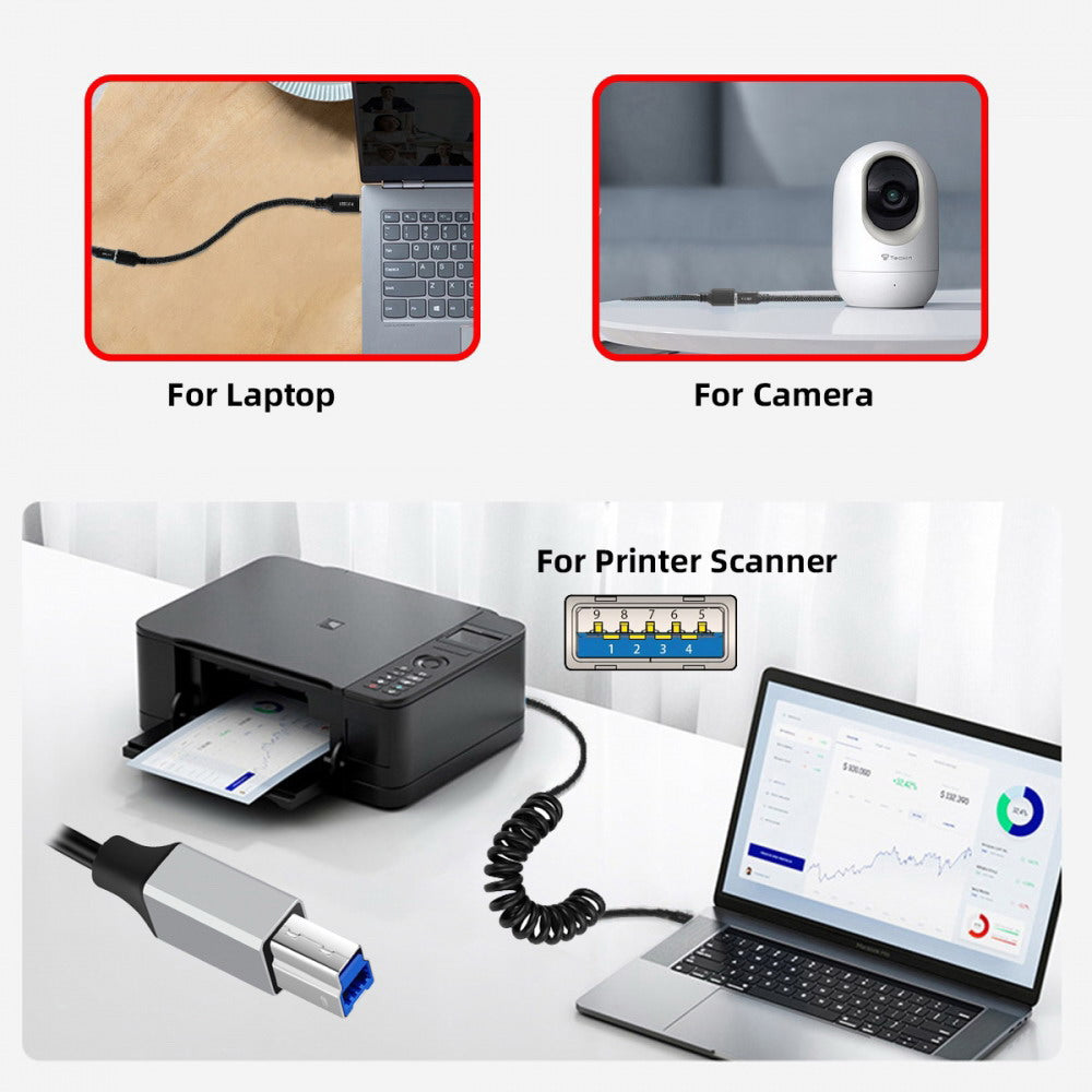 USB 3.0 Type-A Male to USB3.0 Type-B Male Stretch Coiled Cable 100cm Extension 5Gbps for Disk Printer Camera Data