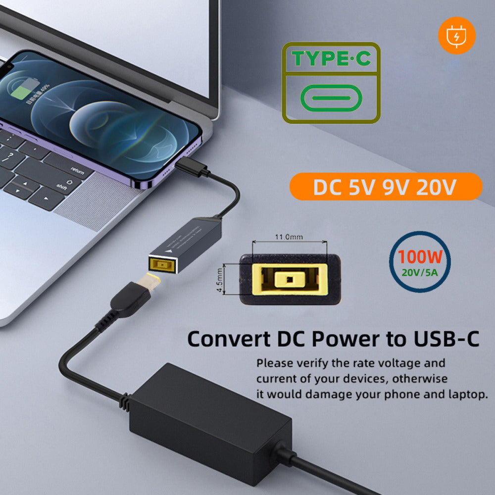 Rectangle Jack Thinkpad X1 Input to USB-C Type-C Power 100W Charge Cable for Laptop Phone PD9V 5V 20V