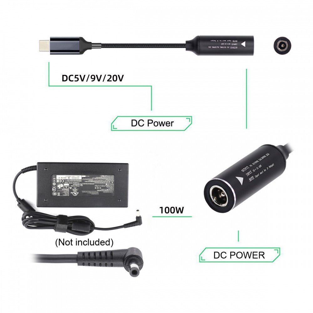DC Jack 5.5X2.5mm Input to USB-C Type-C Power 100W Charge Cable for Laptop Phone PD9V 5V 20V