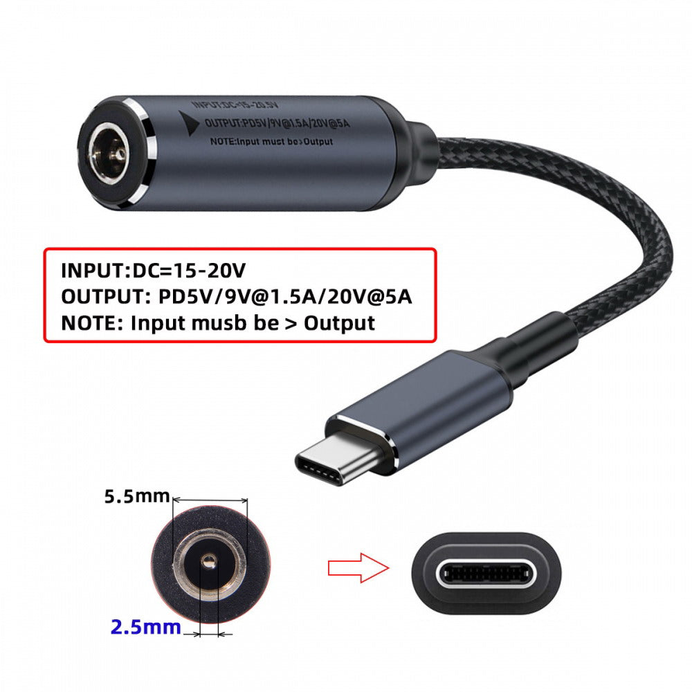 DC Jack 5.5X2.5mm Input to USB-C Type-C Power 100W Charge Cable for Laptop Phone PD9V 5V 20V