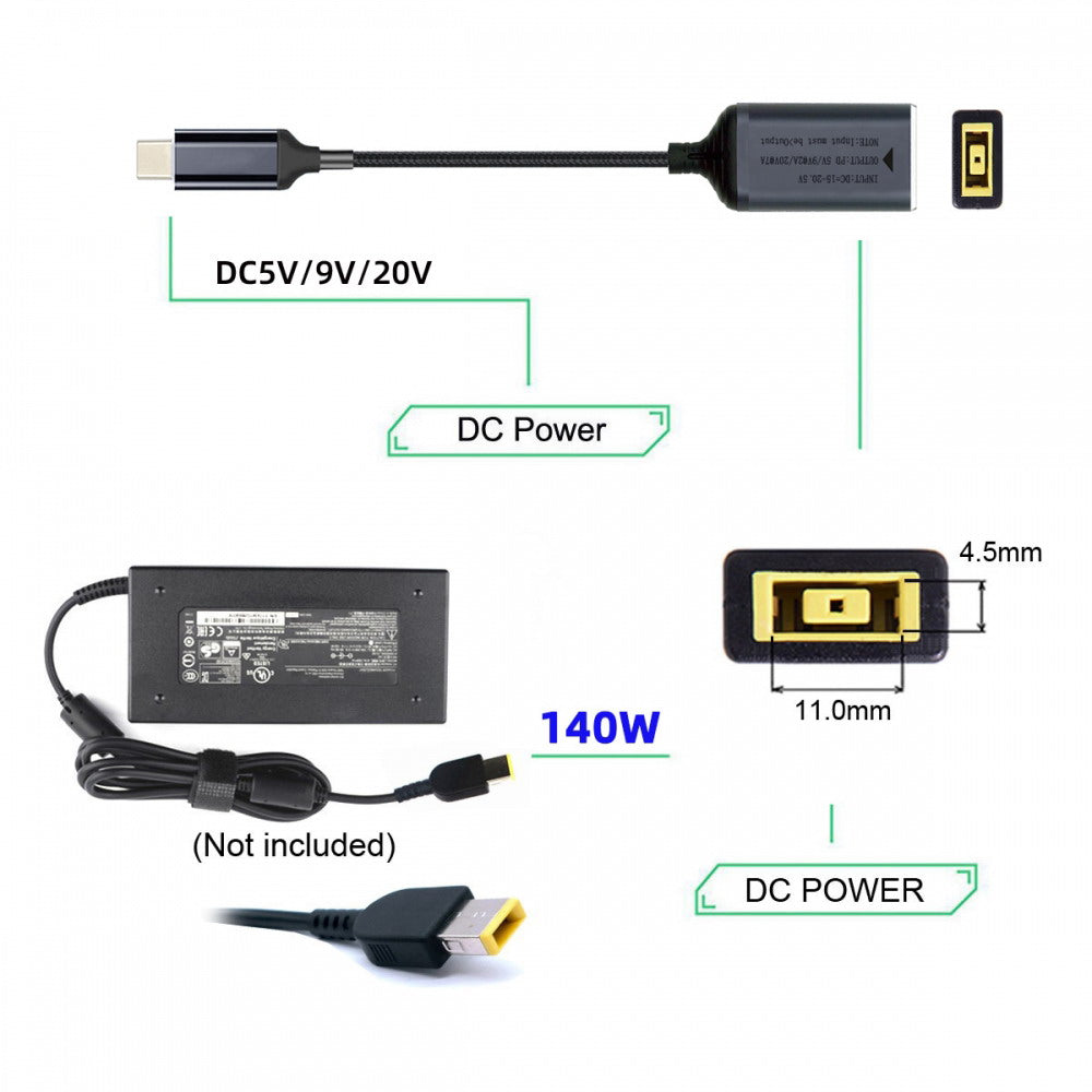 Rectangle Jack Thinkpad X1 Input to USB-C Type-C Power 140W Charge Cable for Laptop Phone PD9V 5V 20V 7A