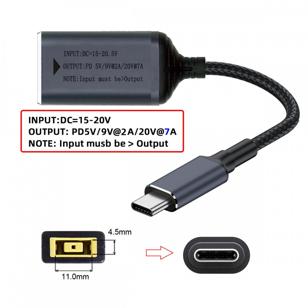 Rectangle Jack Thinkpad X1 Input to USB-C Type-C Power 140W Charge Cable for Laptop Phone PD9V 5V 20V 7A
