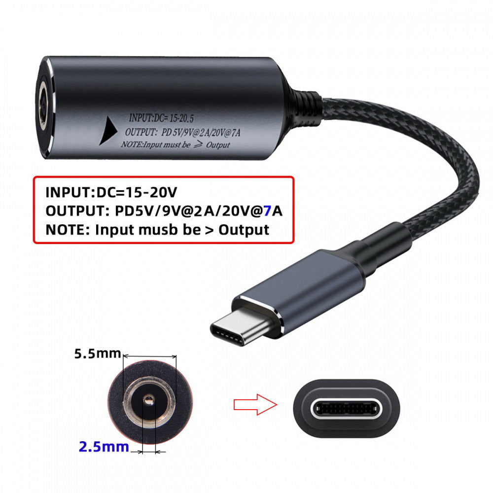 DC Jack 5.5X2.5mm Input to USB-C Type-C Power 140W Charge Cable for Laptop Phone PD9V 5V 20V7A