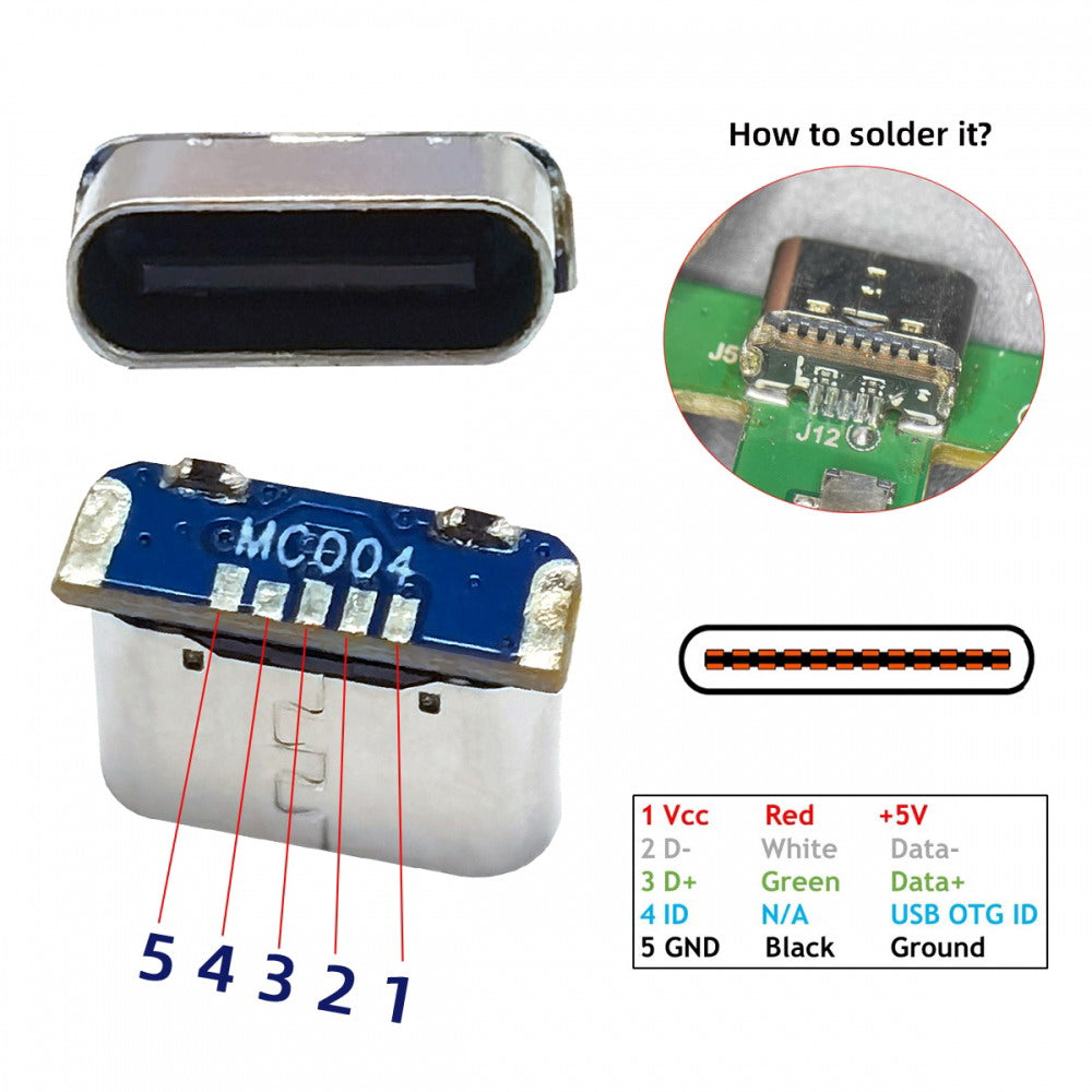 5pcs/lot DIY Solder Type-C Female Socket Connector Replace for Mini-USB 5Pin Female SMT Type DC 5V Power