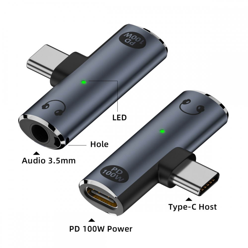 USB-C Type-C to 3.5mm Audio DAC AUX Music 16bit 48kHz & 100W PD Power Adapter for Laptop Tablet Phone