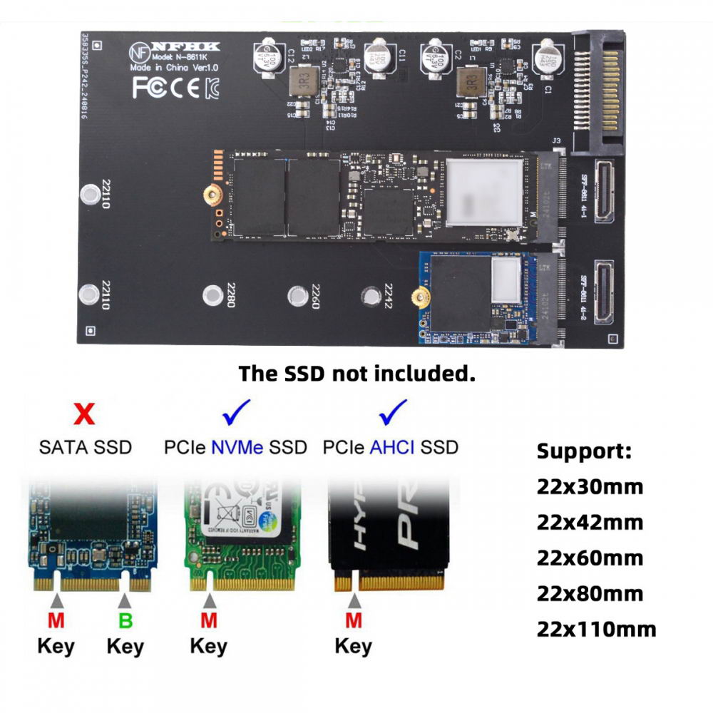 Dual Oculink SFF-8612 SFF-8611 to M.2 NGFF M-Key NVME PCIe SSD 2280 22110mm Adapter for Mainboard