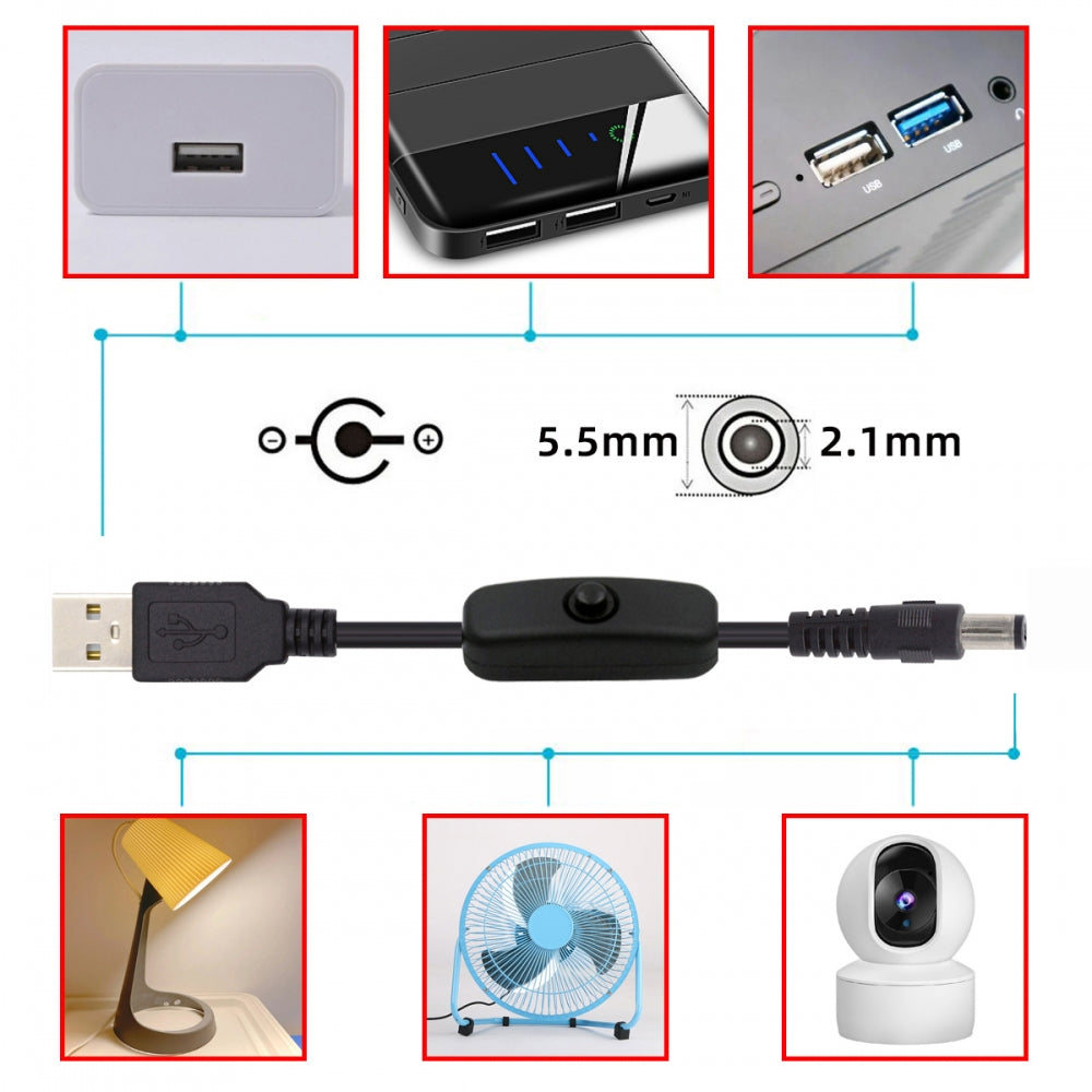 DC 5.5x2.1mm Plug to USB Type-A Cable with On Off Power Switch Button for DC 5V Desk Lamp Fan Camera