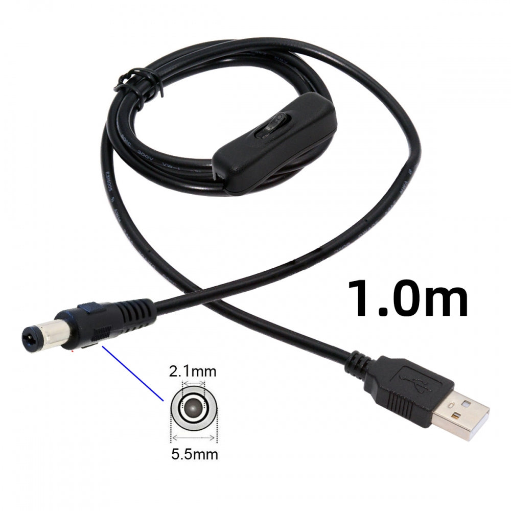 DC 5.5x2.1mm Plug to USB Type-A Cable with On Off Power Switch Button for DC 5V Desk Lamp Fan Camera