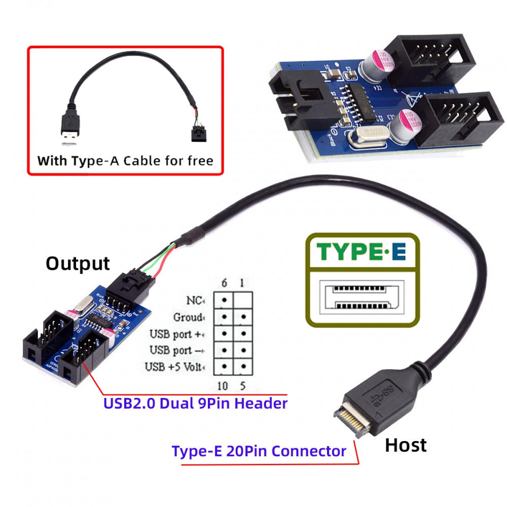 USB 3.1 Front Panel Header Type-E to 4pin IDC Housing USB Type-A Male 1 to 2 Female Motherboard 9pin Header HUB Adapter Port Multiplier