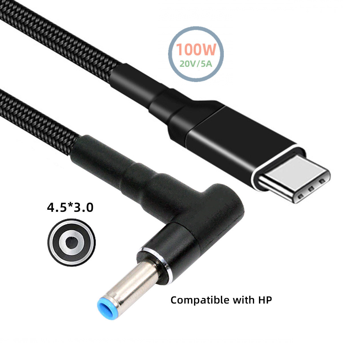 100W Type C USB-C Input to 20V DC 4.5*3.0mm Output Power 20V 5A 65W PD Charge Cable compatible with HP-Laptop