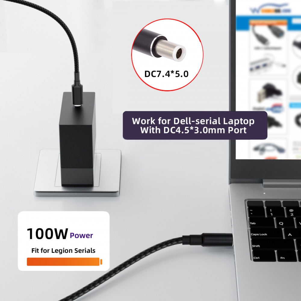 100W Type C USB-C Input to 20V DC 7.4*5.0mm Output Power 20V 5A 65W PD Charge Cable compatible with DELL-Laptop