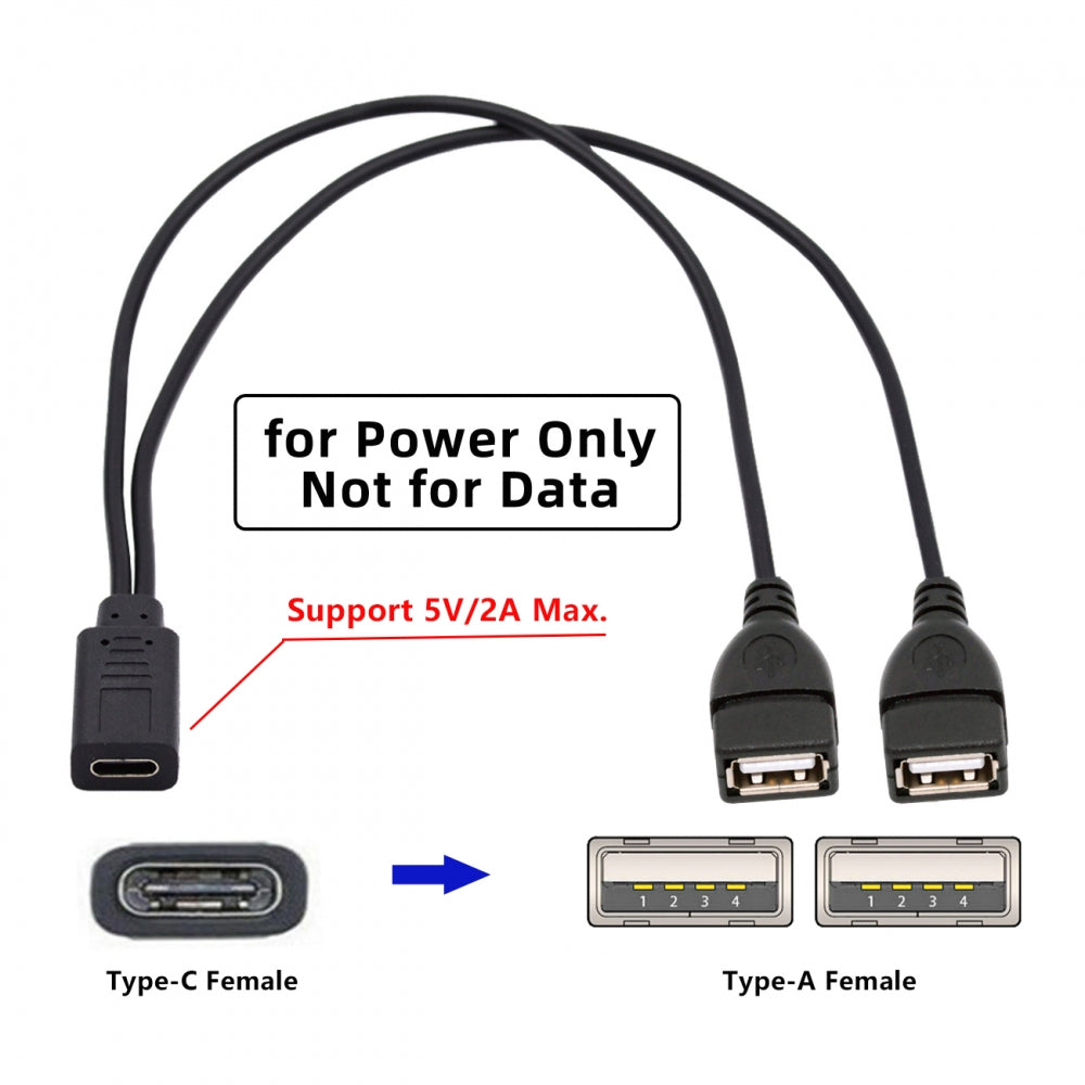 Type-C USB-C Female DC 5V to Dual USB 2.0 Standard Type-A Female Splitter Extension Charge Cable