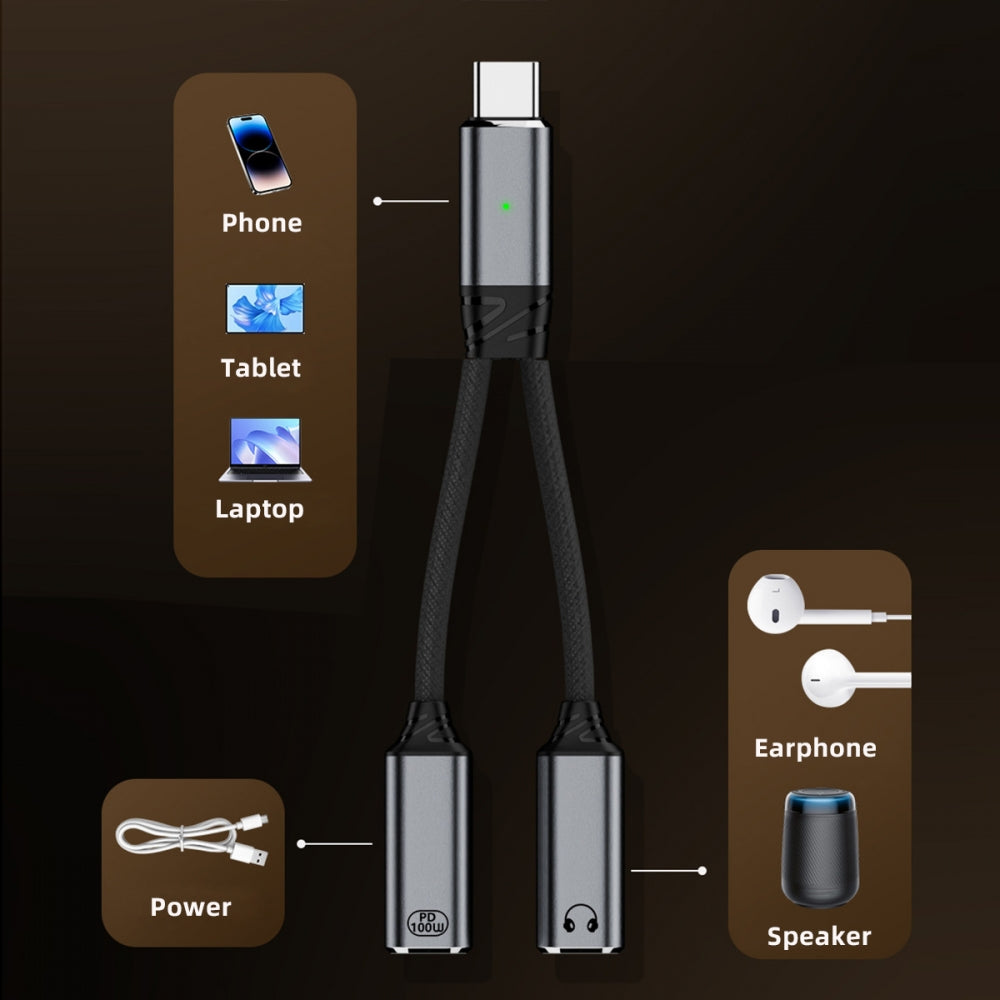 USB-C Type-C Male to 3.5mm Female Audio DAC AUX Music 16bit 48kHz & 100W PD Power Cable for Laptop Tablet Phone