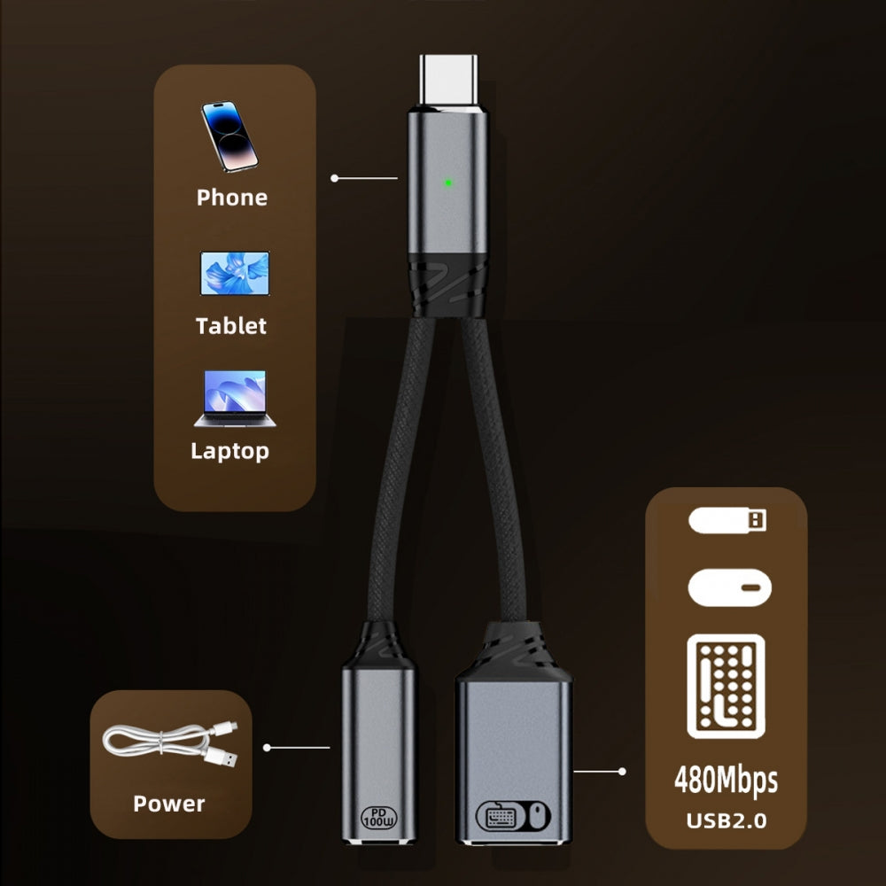 USB-C Type-C Male to 480Mbps USB 2.0 Female OTG & 100W PD Power Cable for Laptop Tablet Phone