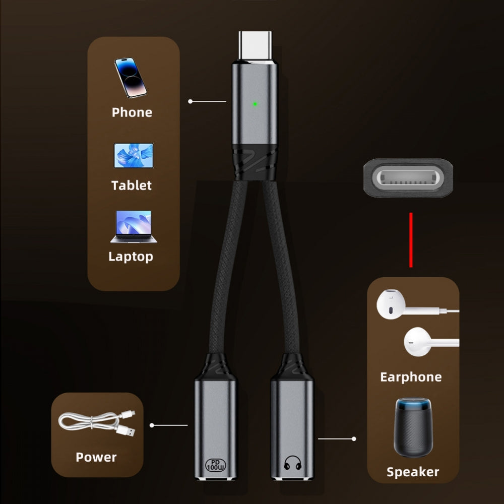 USB-C Type-C Male to 8P Female Audio DAC AUX Music 16bit 48kHz & 100W PD Power Cable for Laptop Tablet Phone
