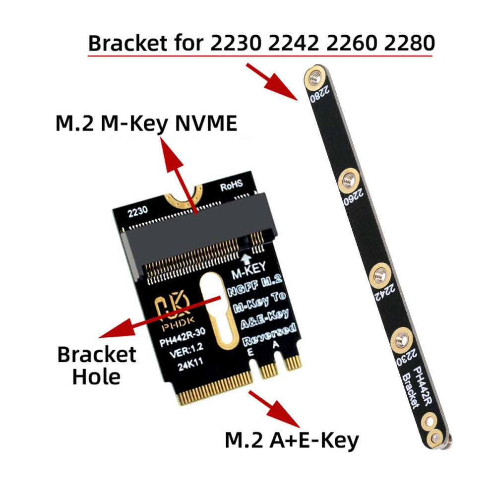 2230 NGFF A+E-Key Male to NVME M-key Female Extension PCI-E 4.0 Adapter with Bracket for Laptop Mainboard SSD 2280