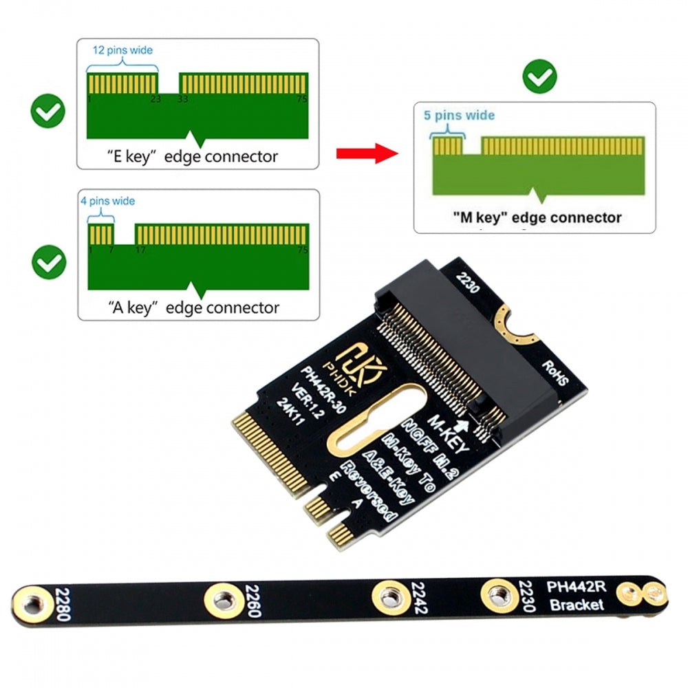 2230 NGFF A+E-Key Male to NVME M-key Female Extension PCI-E 4.0 Adapter with Bracket for Laptop Mainboard SSD 2280
